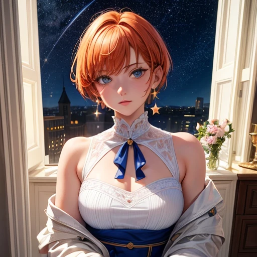 Highest quality, (masterpiece:1.2), figure, Absurd, (One girl, alone), (Beautiful detailed girl), ((Upper Body, Portraiture)),, Neck McMillan, short hair, Orange Hair, blue eyes, Medium , blue crystal earrings, White jacket, , nice, Calm, View your viewers,, Elegant bedroom interior, night, window, curtain, Starry Sky, lamp, Bookshelf, nightstand, vase, machine,Stars and Stripes