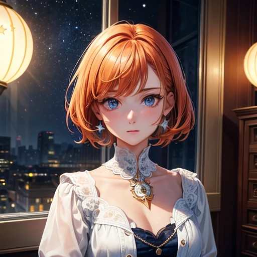 Highest quality, (masterpiece:1.2), figure, Absurd, (One girl, alone), (Beautiful detailed girl), ((Upper Body, Portraiture)),, Neck McMillan, short hair, Orange Hair, blue eyes, Medium chest, blue crystal earrings, White jacket, , nice, Calm, View your viewers,, Elegant bedroom interior, night, window, curtain, Starry Sky, lamp, Bookshelf, nightstand, vase, machine,Stars and Stripes
