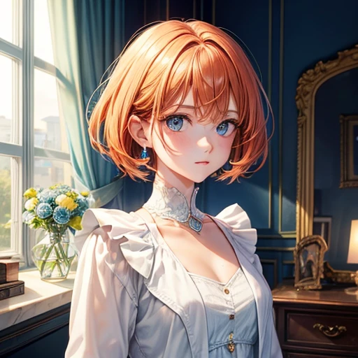 Highest quality, (masterpiece:1.2), figure, Absurd, (One girl, alone), (Beautiful detailed girl), ((Upper Body, Portraiture)),, Neck McMillan, short hair, Orange Hair, blue eyes, Medium chest, blue crystal earrings, White jacket, , nice, Calm, View your viewers,, Elegant bedroom interior, night, window, curtain, Starry Sky, lamp, Bookshelf, nightstand, vase, machine,Stars and Stripes