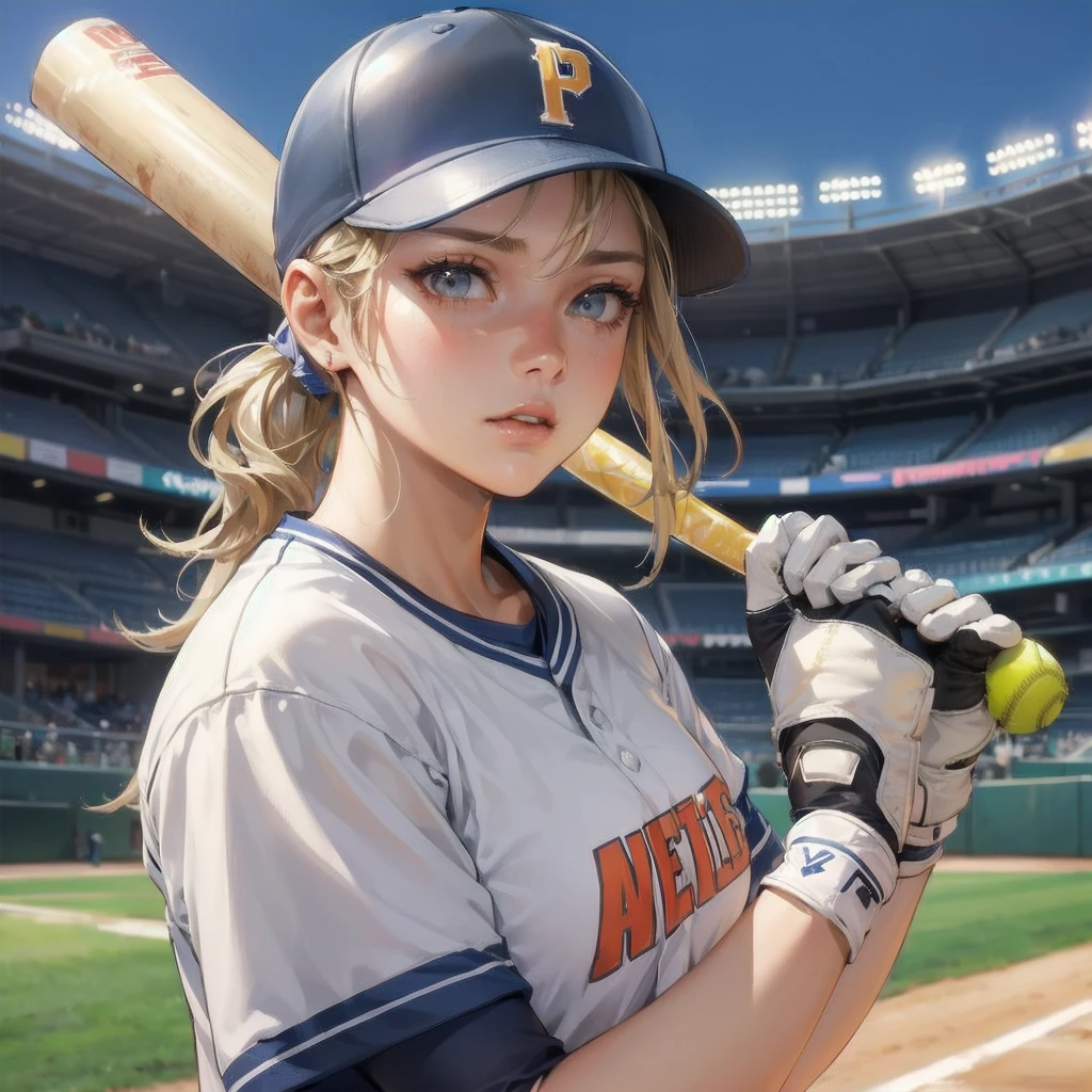  masterpiece, (textured skin), best quality, gorgeous beautiful girl, (a female softball athlete), detailed clothes,large breasts,narrow waist,, (beautiful face), cinematic lighting, (at softball venue ),