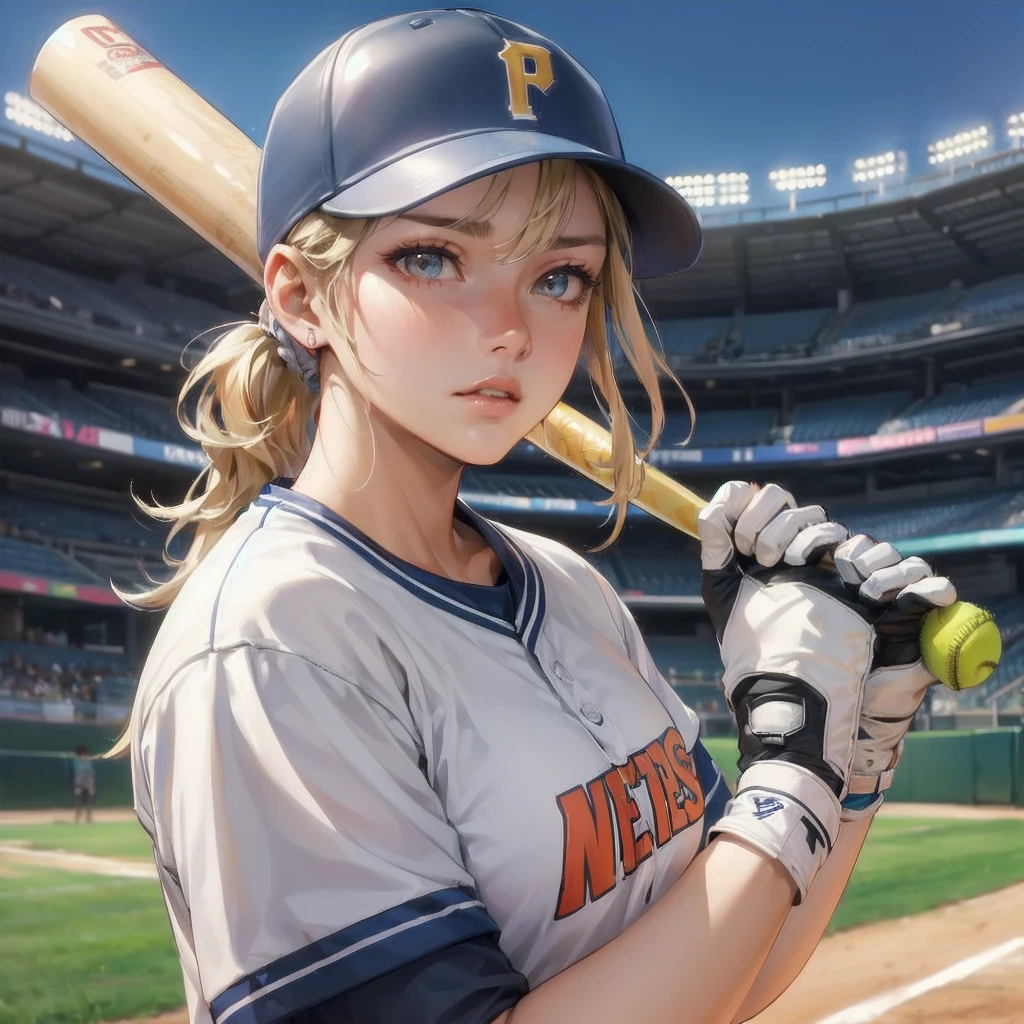 masterpiece, (textured skin), best quality, gorgeous beautiful girl, (a female softball athlete), detailed clothes,large breasts,narrow waist,, (beautiful face), cinematic lighting, (at softball venue ),