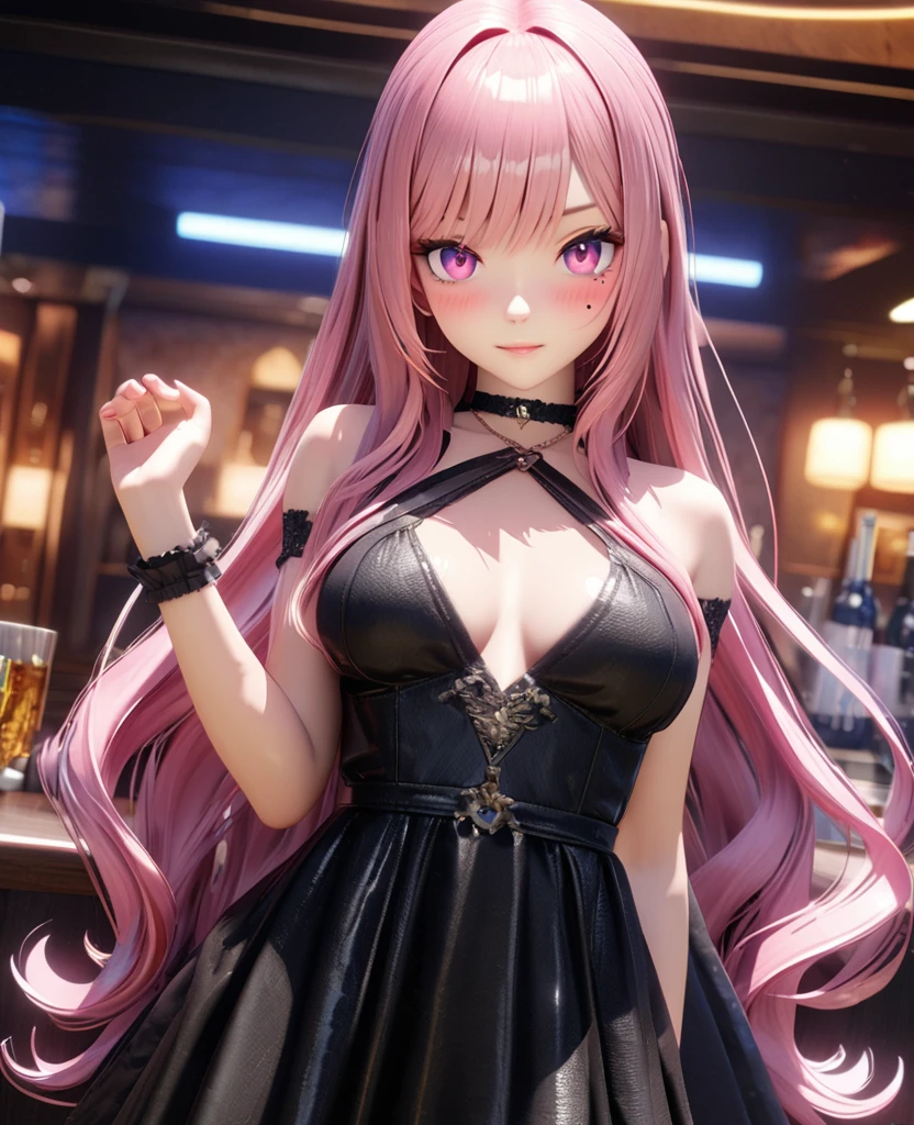 masterpiece, best quality, very detailed, high resolution, expensive resolution, high resolution, 4K, 8k, Unity 8k wallpaper, highly detailed CG, masterpiece, 2D, 3D, beautiful details, depth, fine texture, best quality: 1.3, perfectly focused, crispy skin, he,
Very cute anime girl, two girls who are employees of a night bar,  dress, , expensive pink medium long hair and brown short hair, two girls, night bar, mole under eye, looking at the viewer, expensive, blush, mole, lips parted,, heart, pink eyes, choker