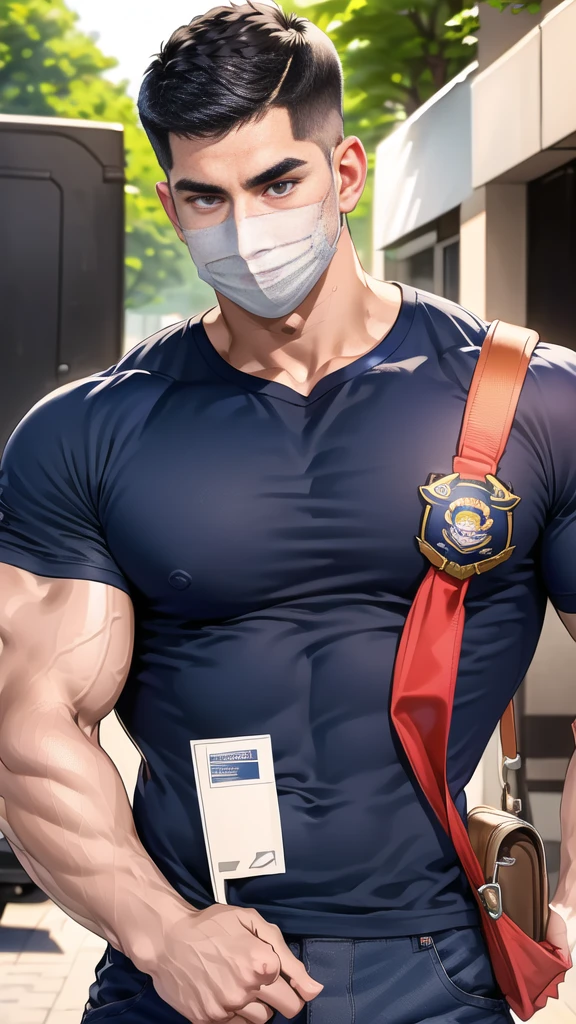 (handsome Man),(crew cut short hair:1.8),black eye,(Wear a fitted round neck t-shirt in navy with a police badge.:1.5),(fit neck),Navy blue jeans,(black_gloves:1.2), Korean guy,chest muscles,large arm muscles,blood vessel,Big muscles,Broad shoulders, (open mouth:1.2),(face up:1.2),(open eyes:1.5), middle of the road,smile,(backpack:1.3), In front of the bread shop ,(Cotton Mask:1.3