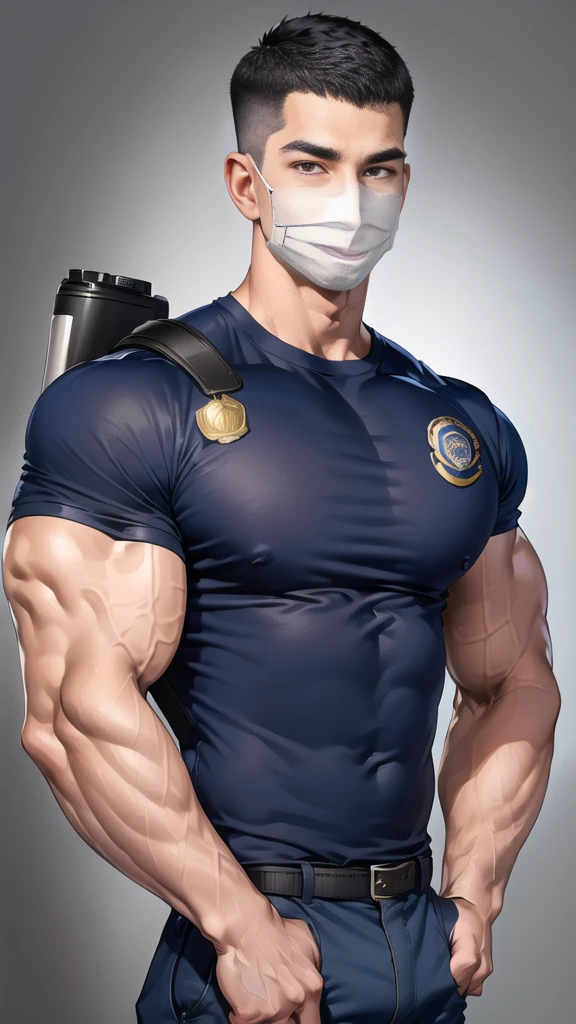 (handsome Man),(crew cut short hair:1.8),black eye,(Wear a fitted round neck t-shirt in navy with a police badge.:1.5),(fit neck),Navy blue jeans,(black_gloves:1.2), Korean guy,chest muscles,large arm muscles,blood vessel,Big muscles,Broad shoulders, (open mouth:1.2),(face up:1.2),(open eyes:1.5), middle of the road,smile,(backpack:1.3), In front of the bread shop ,(Cotton Mask:1.3