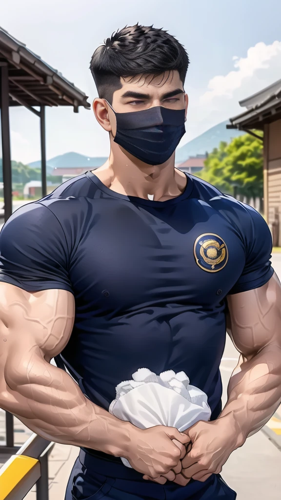 (handsome Man),(crew cut short hair:1.8),black eye,(Wear a fitted round neck t-shirt in navy with a police badge.:1.5),(fit neck),Navy blue jeans,(black_gloves:1.2), Korean guy,chest muscles,large arm muscles,blood vessel,Big muscles,Broad shoulders, (open mouth:1.2),(face up:1.2),(open eyes:1.5), middle of the road,smile,(backpack:1.3), In front of the bread shop ,(Cotton Mask:1.3
