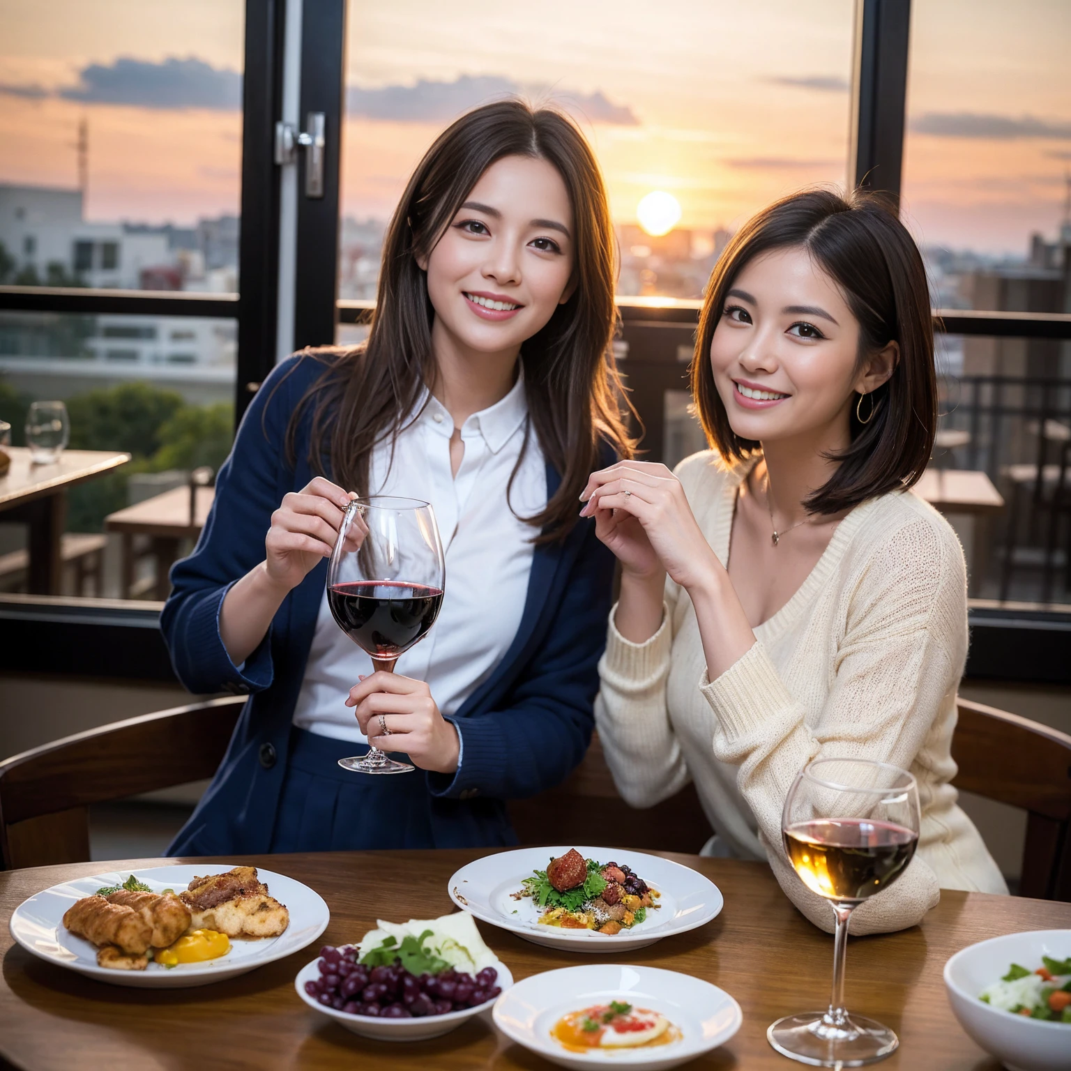 ((Highest quality、8K、masterpiece:1.3))、 (Ultra-realistic、 Genuine、Bright image、Intricate details:1.2), 最高のsmile、1 male、1 female、Beautiful couple、love love love、A lover who resembles Miki Nakatani、Good friends、actress couple、smile、Full-course dinner at a packed table、 (Slim face), (the body is slim), (Brown Hair), (short hair), テーブルのwine glass、Please shine a light on my face、 Amazing view of the sunset sky and clouds、36 years old 39 years old, red wine 、Appetizers、Wine bottle、sparkling wine、Long sleeve shirt、dress、White wine, red wine, wine glass,