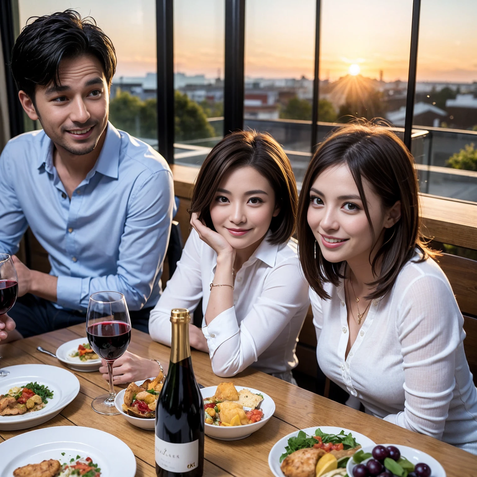 ((Highest quality、8K、masterpiece:1.3))、 (Ultra-realistic、 Genuine、Bright image、Intricate details:1.2), 最高のsmile、1 male、1 female、Beautiful couple、love love love、A lover who resembles Miki Nakatani、Good friends、actress couple、smile、Full-course dinner at a packed table、 (Slim face), (the body is slim), (Brown Hair), (short hair), テーブルのwine glass、Please shine a light on my face、 Amazing view of the sunset sky and clouds、36 years old 39 years old, red wine 、Appetizers、Wine bottle、sparkling wine、Long sleeve shirt、dress、White wine, red wine, wine glass,