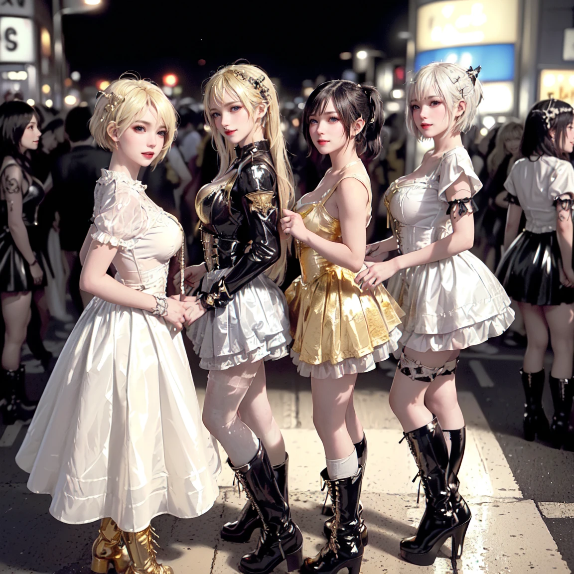 masterpiece, top-quality, top-quality, Beautifully Aesthetic:1.2, ((3 girls)), 
((Middle girl is Wearing a sexy Punk Lolita cosplay, shiny Punk-Style boots, Punk makeup, lipgloss, unconventional miniskirt, petticoats:1,2), high detailed, 
((Left girl is Wearing a sexy Punk Lolita cosplay, shiny Punk-Style boots, Punk makeup, lipgloss, unconventional miniskirt, petticoats:1,2), high detailed, 
((Right girl is Wearing a sexy Punk Lolita cosplay, shiny Punk-Style boots, Punk makeup, lipgloss, unconventional miniskirt, petticoats:1,2), high detailed, 
(Three girls are standing side by side in a neat line:1.3), large breasts, firm breast, nicely shaped breasts, slender figure, 
(((Bleached gold Hair))), mesh hair, (short hair:1.2), 
((At the middle of very crowded Shibuya Scramble Crossing at late night:1.2)), ((Surrounded by many people dancing for Three girls)), (Full body shot:1.1), (From side:1.3), (Looking at viewer),