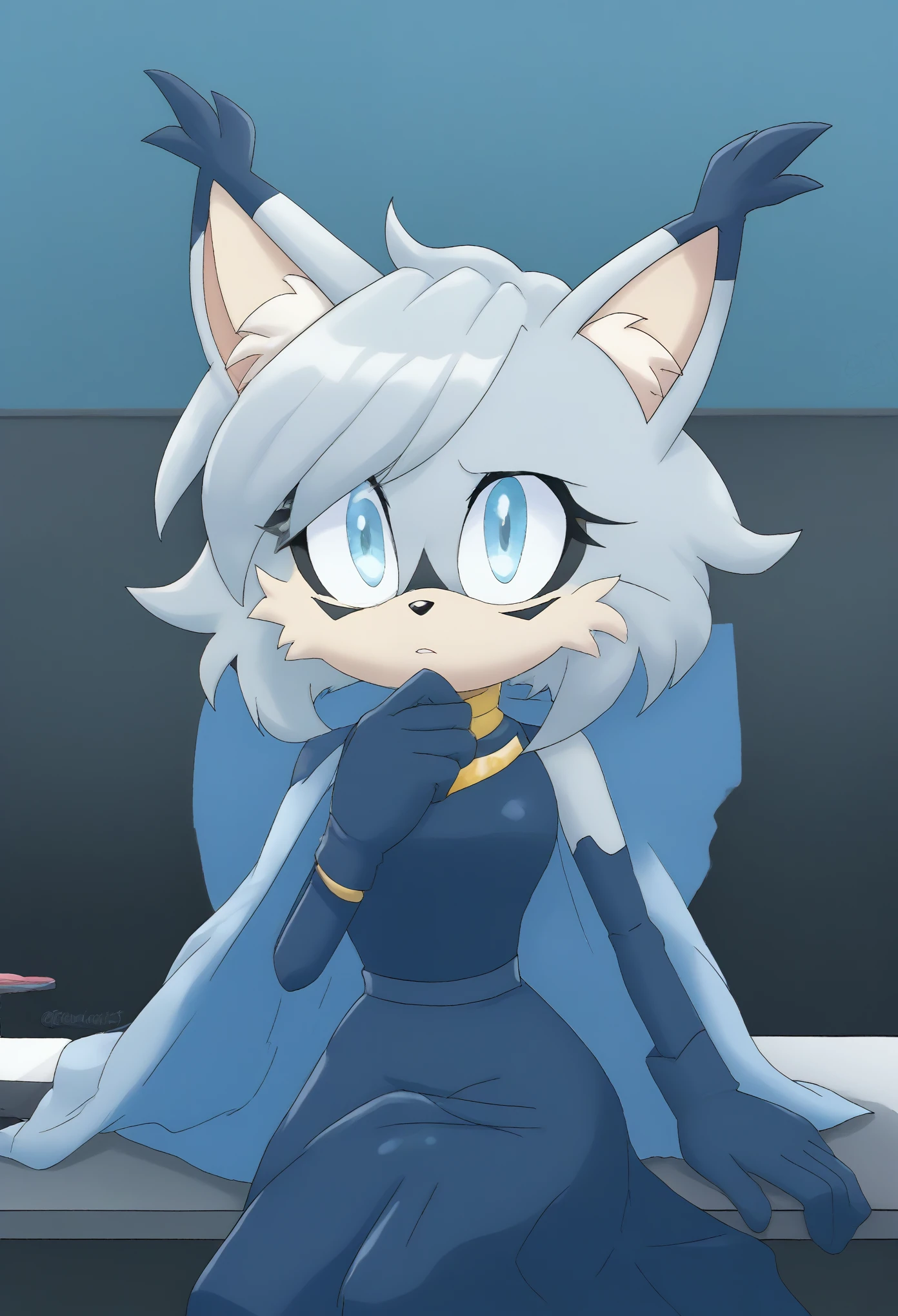 (1girl), (solo), Female Lynx, light gray fur, short hair, large hair bang, side locks, hair over shoulders, light blue eyes, (light blue poncho), light blue cape, navy blue dress, gloves with fluffy cuffs, eyelashes, mobian, Mobius city, half body, interrogation room, sitting at table, puzzled expression
