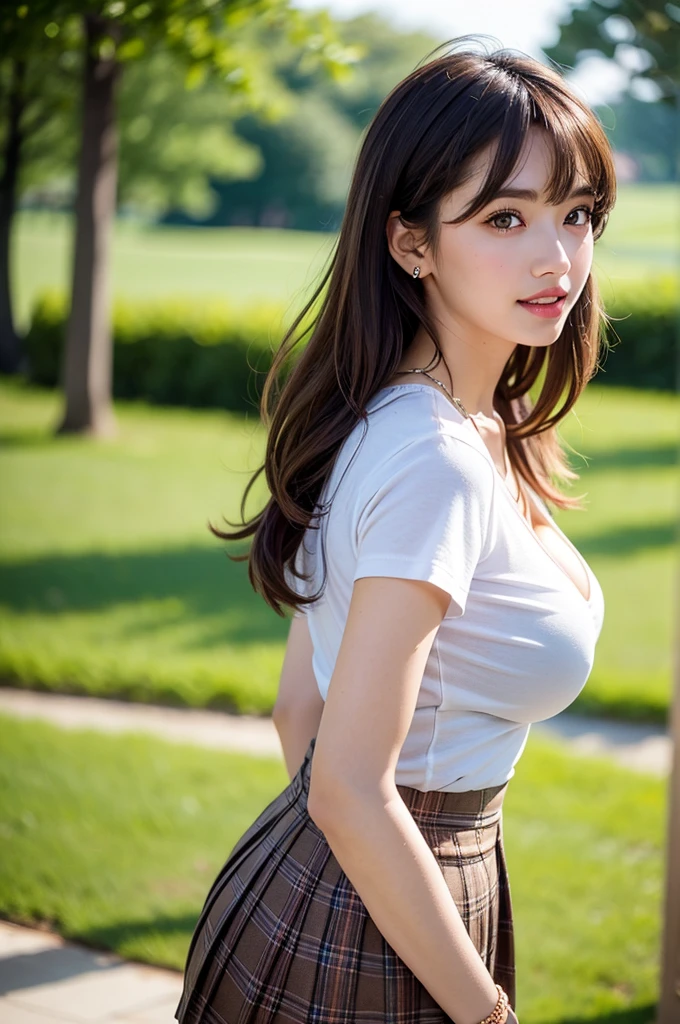 nsfw, 8K raw photo, Best quality, masterpiece, ultra high res, film grain, filmg, 1girl, looking at viewer, natural skin texture, realistic eye and face details, full lips, lipstick, (makeup), red eyeshadow, fluffy short hair, messy hair, smile, close mouth, beautiful legs, tall female, skinny, slim_legs, solo, enormous breast, cleavage, Pose with buttocks facing you, ultra short skirt, ass, shirt, beautiful nature location, around flower location, (detailed background), plaid skirt, white shirt, enormous breast, cleavage, Show a little cleavage through the shirt, loafers, blurry background, blurry, holding, plaid, short sleeves, jk ribbon on the neck, jk ribbon, brown hair, bracelet, water, bangs, , jewelry, parted lips, lips, from side, pleated skirt, depth of field