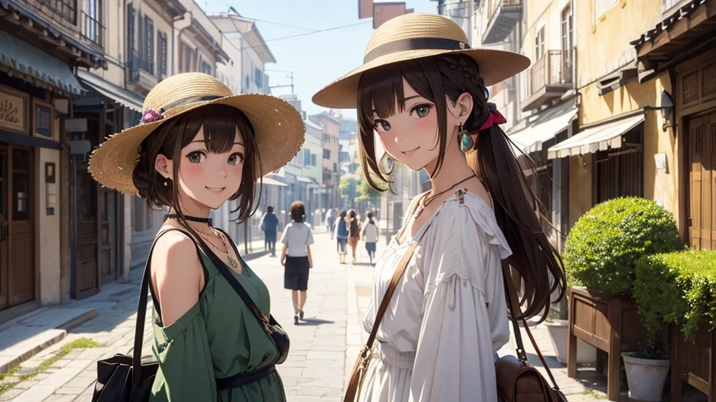 4k art、Nara Street、Ancient city、Women in their teens to 40s、(stylish, Dress relaxed、Boater hat、Small shoulder bag)Spring-like adult woman、/(Light brown hair)bangs、cheek(Dark Eyeasterpiece 1.2)Delicate illustrations with attention to detail、 (Ancient capital:1.2) (The background is fresh green)、blue sky、Detailed Background、whole bodyが写る、A shy smile、Through clenched teeth、Through clenched teeth、lip、cheek、cheek(Flat Color: 0.8)、(masterpiece: 1,2)、(masterpiece: 1,2)、High resolution、Ultra high definition、Highest quality、High resolution、Ultra-thin illustration、Makoto Shinkai style、Your Name is Style、Short Bob、necklace、Earrings、Dynamic pose、Selfie、whole body、Brown Hair、Braiding、、ponytail･、necklace、Valletta、ribbon、Earringanicure、Selfie。
