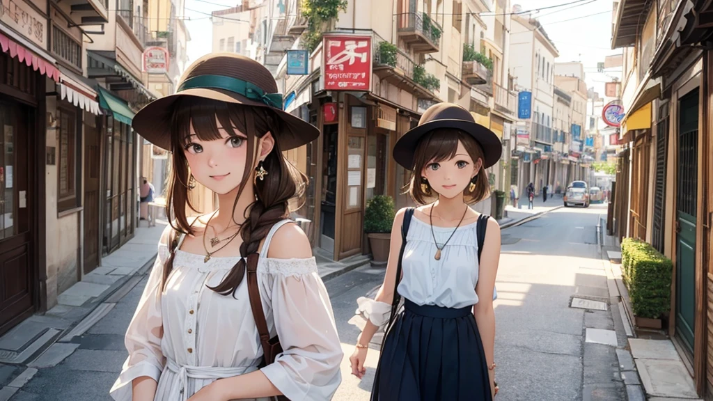 4k art、Nara Street、Ancient city、Women in their teens to 40s、(stylish, Dress relaxed、Boater hat、Small shoulder bag)Spring-like adult woman、/(Light brown hair)bangs、cheek(Dark Eyeasterpiece 1.2)Delicate illustrations with attention to detail、 (Ancient capital:1.2) (The background is fresh green)、blue sky、Detailed Background、whole bodyが写る、A shy smile、Through clenched teeth、Through clenched teeth、lip、cheek、cheek(Flat Color: 0.8)、(masterpiece: 1,2)、(masterpiece: 1,2)、High resolution、Ultra high definition、Highest quality、High resolution、Ultra-thin illustration、Makoto Shinkai style、Your Name is Style、Short Bob、necklace、Earrings、Dynamic pose、Selfie、whole body、Brown Hair、Braiding、、ponytail・、necklace、Valletta、ribbon、Earringanicure、Selfie。