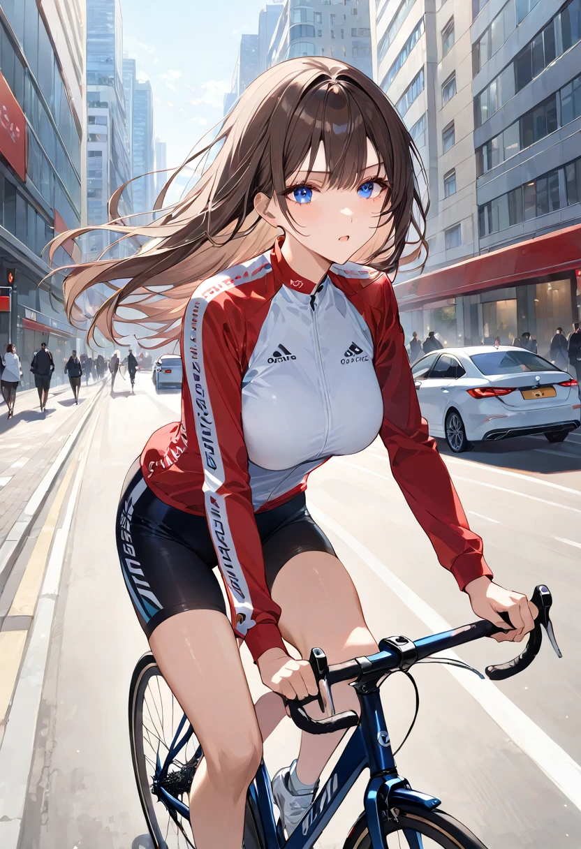 masterpiece, best quality, ultra detailed, detailed eyes, a woman with long, dark brown hair and bangs, riding a bicycle on a busy city street. She has medium breasts. She has large, expressive blue eyes and a determined expression on her face. She is wearing a red and black cycling jacket, a white and black sports shirt, and black cycling shorts. Her hair is blowing in the wind as she rides. The background shows an urban environment with cars, buildings, and pedestrians, giving a sense of motion and activity. The lighting is natural, capturing the bright and dynamic atmosphere of the city.