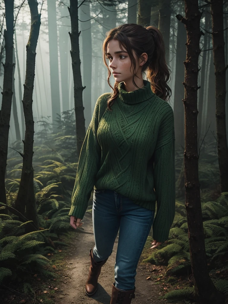 Twenty year old woman, wavy brown hair tied in a low ponytail, blue eyes, calm and serene look, freckles on cheeks and long eyelashes, wear a green sweater and jeans, black boots. They see her attractive and mature. He is walking in a dark and spooky forest at night.