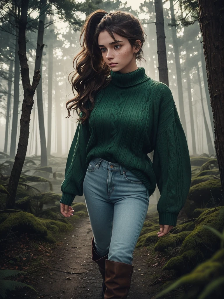 Twenty year old woman, wavy brown hair tied in a low ponytail, blue eyes, calm and serene look, freckles on cheeks and long eyelashes, wear a green sweater and jeans, black boots. They see her attractive and mature. He is walking in a dark and spooky forest at night. 