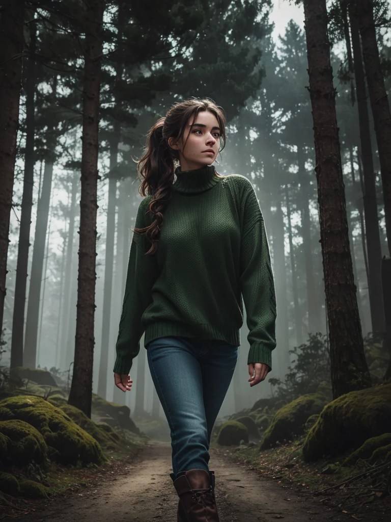 Twenty year old woman, wavy brown hair tied in a low ponytail, blue eyes, calm and serene look, freckles on cheeks and long eyelashes, wear a green sweater and jeans, black boots. They see her attractive and mature. He is walking in a dark and spooky forest at night.