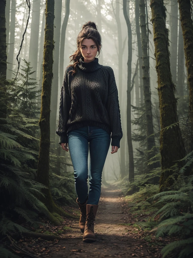 Twenty year old woman, wavy brown hair tied in a low ponytail, blue eyes, calm and serene look, freckles on cheeks and long eyelashes, wear a green sweater and jeans, black boots. They see her attractive and mature. He is walking in a dark and spooky forest at night. 