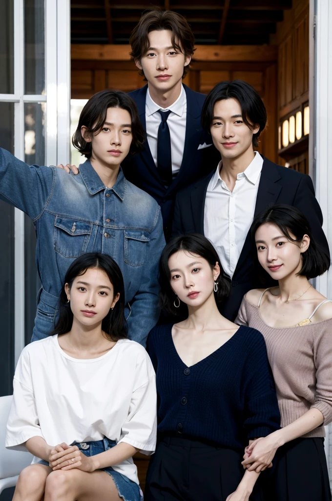Des amis korean pose pour une photo, un air agréable, il on l'air responsable les uns des autres. Ils sont charismatiques, très bien détaillés, beaux visages, beaux yeux. À côté d'un lycée coréen. Style kdrama. Suspens. Ils ont tous 18 years. Lumières sombres. Bad guys. Lycéen, liberté, couché de soleil.