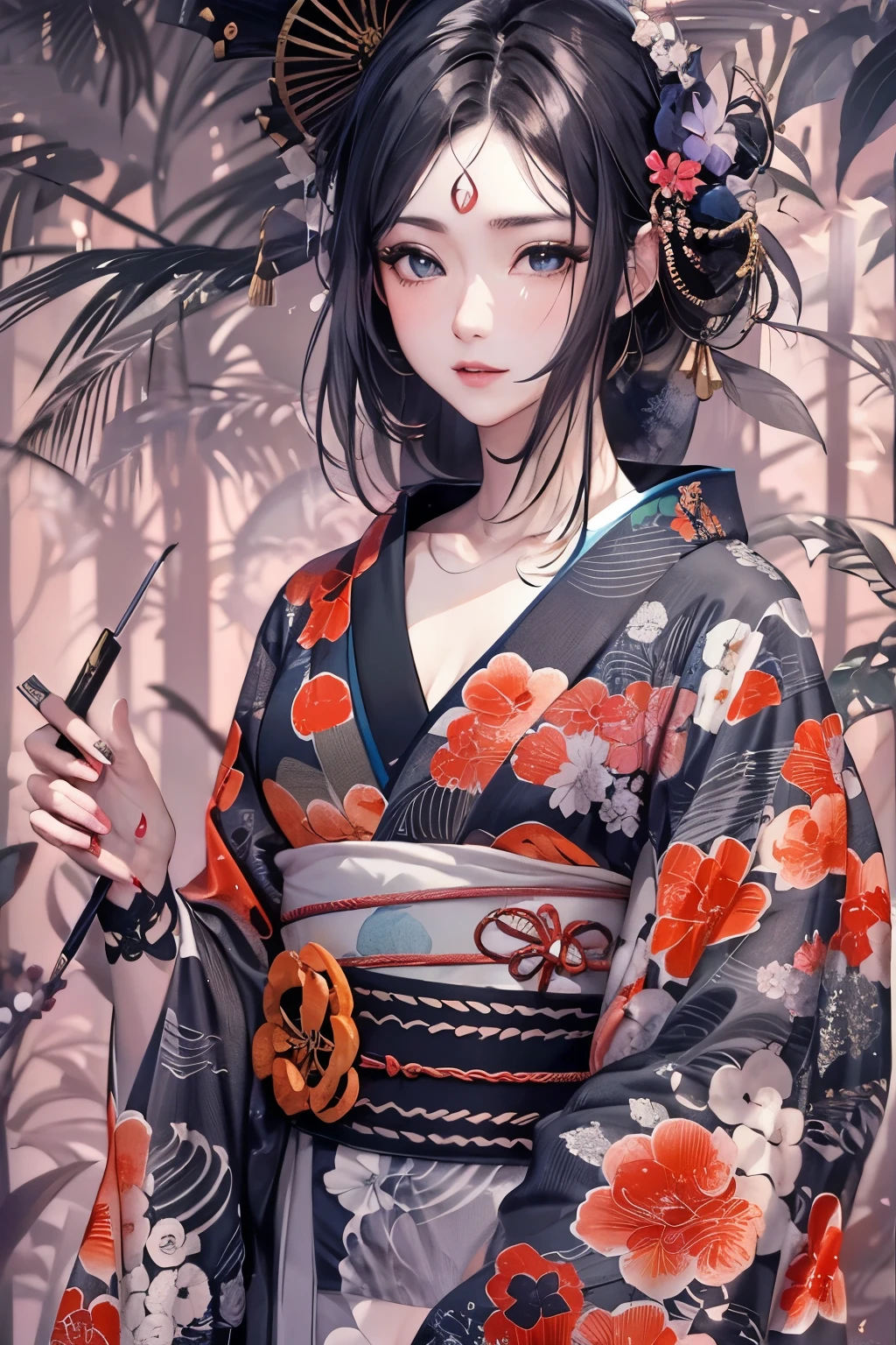 Wait warrior sexy, pretty face, Delicious Company, Alluring figure, Wearing a sexy open kimono. The artwork is created in a medium reminiscent of Japanese ink paintings....., Features bold brushstrokes and a Monochromatic color palette. Artist&#39;Masterful technique reveals the intensity and power of the image&#39;sense of presence，with the highest quality, Perfectly capture every detail with ultra-high resolution. Textures and intricate patterns on kimonos are rendered with extreme precision. Lighting is carefully designed，Enhance drama, Features deep shadows and subtle highlights. general, The artwork exudes elegance and power, Combining traditional Japanese aesthetics with a modern feel. Monochromatic color palette, Combine details, Create captivating and immersive experiences for your audience.