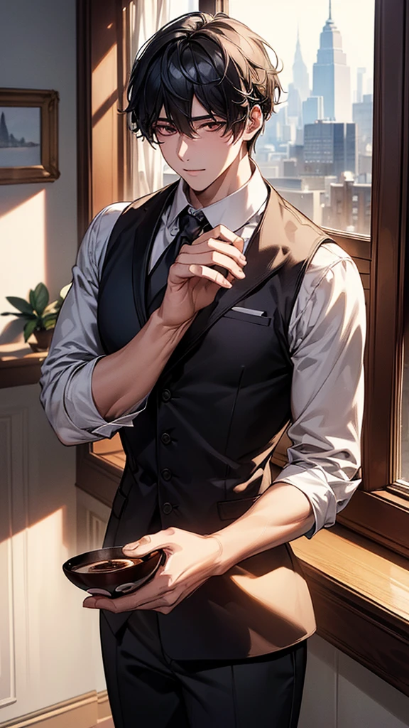 (Extremely detailed CG unified 8k wallpaper),(masterpiece), (best quality), (Super detailed), (Best illustration),(The best shadow), A young man,Drink coffee,Stand by the window,black hair,It's dark indoors,The city lights outside the window are bright,silence,White T-shirt,jeans,Half-length photo,placed on the table