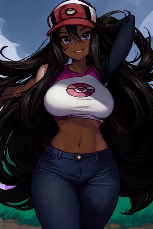 (Pokemon Rosa:1.3), beautiful,masterpiece, (smir),((gigantic breasts)),smile,best quality, crop top, wearing jeans, outdoors,sunny,(1girl:1.3), wide hips, loose top, , hyper realistic, bending forward, partially breasts, boob window, volleyball size breasts, Slutty , slutty expression