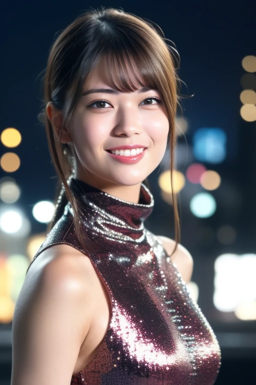 1girl,(wearing a turtleneck glittery evening dress),(RAW photo, best quality), (realistic, photo-realistic:1.4), masterpiece, an extremely delicate and beautiful, extremely detailed, 2k wallpaper, Amazing, finely detail, extremely detailed CG unity 8k wallpaper, ultra-detailed, highres, soft light, beautiful detailed girl, extremely detailed eyes and face, beautiful detailed nose, beautiful detailed eyes,cinematic lighting,city lights at night,perfect anatomy,slender body,smile 