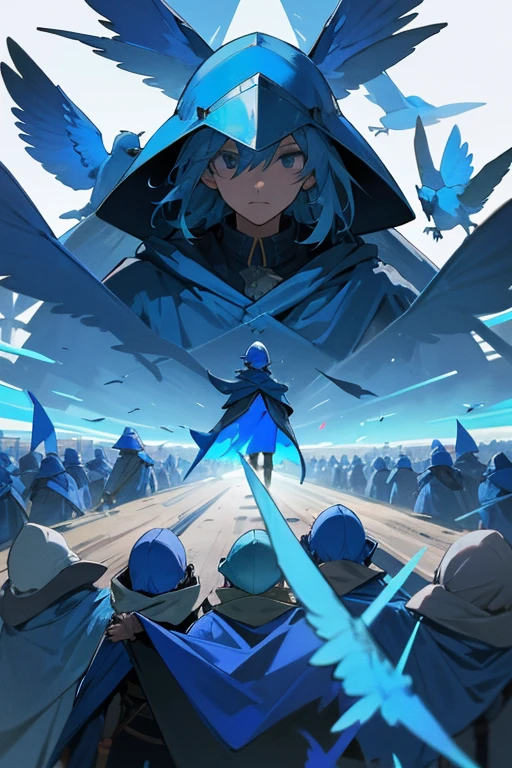 Dozens of brave men,Wearing a blue cloak,Wearing bluebird helmet,gather together
