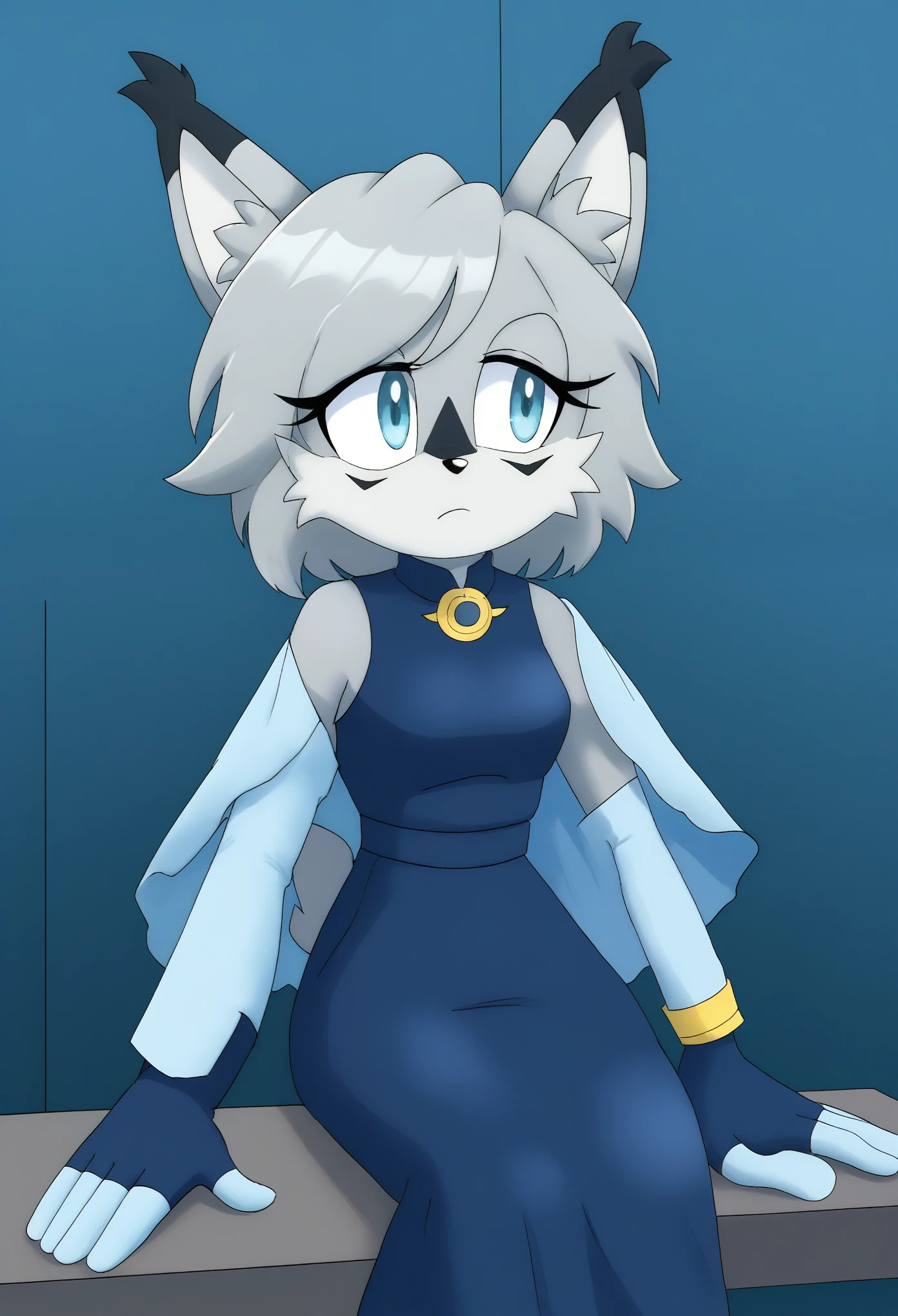 (1girl), (solo), Female Lynx, light gray fur, short hair, large hair bang, side locks, hair over shoulders, light blue eyes, (light blue poncho), light blue cape, navy blue dress, gloves with fluffy cuffs, eyelashes, mobian, Mobius city, half body, interrogation room, sitting at table, puzzled expression
