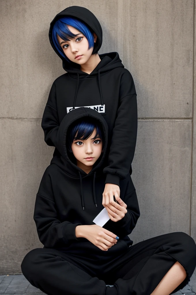 A 14 year anime girl wearing black hoodie and black pant snd her eyes are blue and short hair and she is blushing and write S in her hoodie