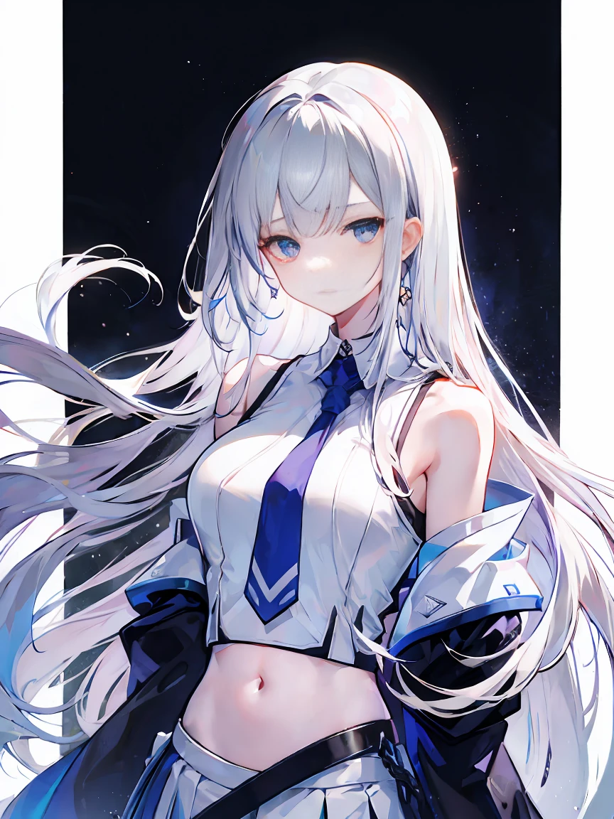 Light purple gradient hair,asymmetrical hair,((Thick hair 1.8,Clear head outline 1.6)), Shoulder-length hair, messy hair, Very long hair, shiny hair,(long gray hair:1.2),A beautiful girl,(White school uniform:2.0), Black skirt,Navel,Bare shoulders,Blue tie)(Separate sleeves,Wide sleeves),(Fingerless gloves),(Transparent clothes transparent 1.8),Perfect body,,(Looks sad,Looks haggard ,Grief,shut your mouth:1.2) With dark forest background,,Upper body photo。(avatar)