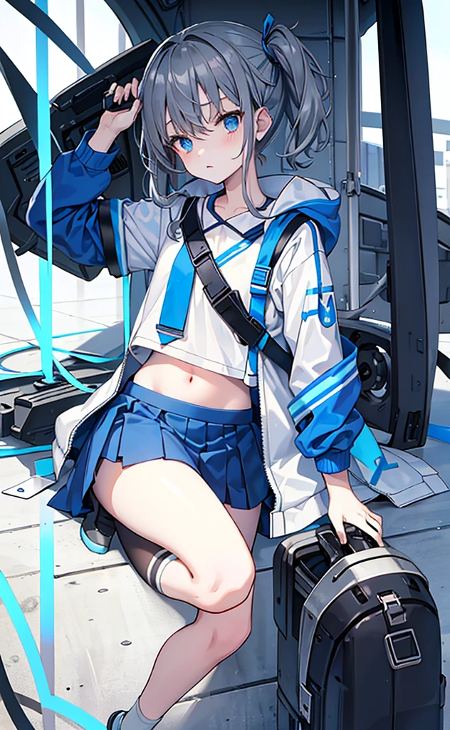 Loli,Dark gray hair,Blue Eyes,White jacket and grey short sleeves,Blue skirt for lower body,Technology,flat chest,Holding a gun,Airplane anthropomorphism,whole body。