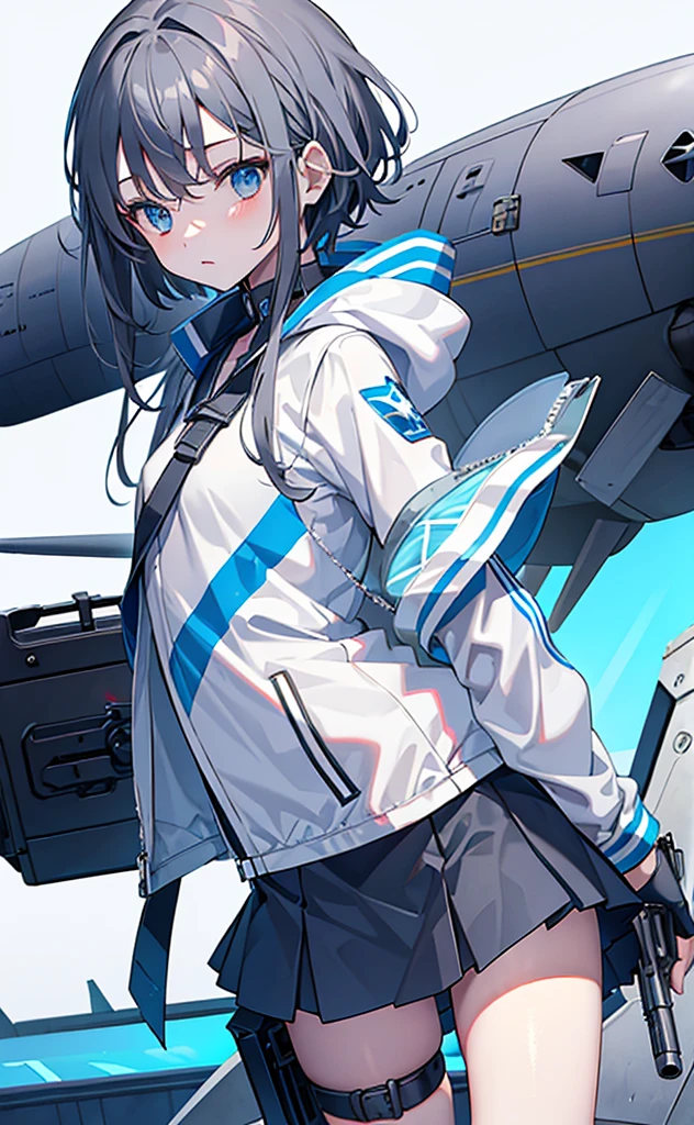 ，Dark gray hair，Blue Eyes，White jacket and grey short sleeves，Blue skirt for lower body，Technology，flat chest，Holding a gun，Airplane anthropomorphism，whole body。