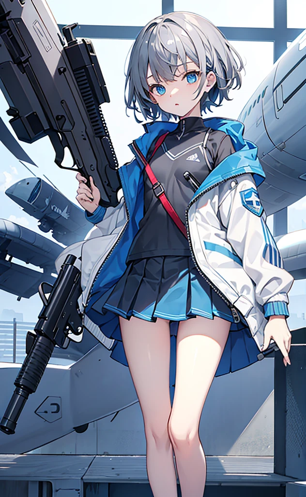 ，Dark gray hair，Blue Eyes，White jacket and grey short sleeves，Blue skirt for lower body，Technology，flat chest，Holding a gun，Airplane anthropomorphism，whole body。