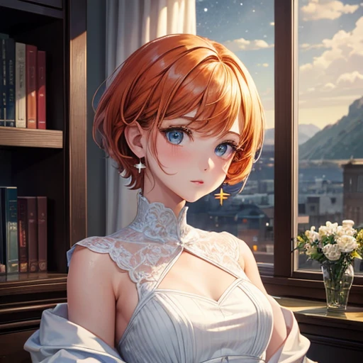 Highest quality, (masterpiece:1.2), figure, Absurd, (One girl, alone), (Beautiful detailed girl), ((Upper Body, Portraiture)),, Neck McMillan, short hair, Orange Hair, blue eyes, Medium chest, blue crystal earrings, White jacket, , nice, Calm, View your viewers,, Elegant bedroom interior, night, window, curtain, Starry Sky, lamp, Bookshelf, nightstand, vase, machine Men's