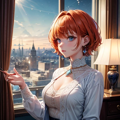 Highest quality, (masterpiece:1.2), figure, Absurd, (One girl, alone), (Beautiful detailed girl), ((Upper Body, Portraiture)),, Neck McMillan, short hair, Orange Hair, blue eyes, Medium chest, blue crystal earrings, White jacket, , nice, Calm, View your viewers,, Elegant bedroom interior, night, window, curtain, Starry Sky, lamp, Bookshelf, nightstand, vase, machine Men's