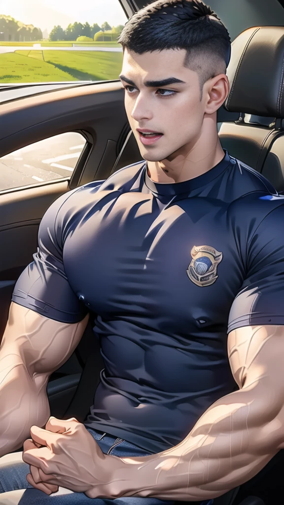 (Create a masterpiece: 1.2),(CGI art:1.3),(realistic:1.5),(After processing:1.3),(Sharp focus:1.3), 1 man holds the steering wheel of a car ,(crew cut short hair:1.8),black eye, smile, (Wear color navy round neck T-shirt with a Police badge: 1.3), Navy blue jeans, Korean guy , korean men, (High gloss details), chest muscles, large arm muscles, blood vessel, Big muscles, Broad shoulders, looking at the audience, Balancing the eyes, middle of the road, (drive a car: 1.5), (in the car: 1.3), , middle of the road, (open mouth:1.2)