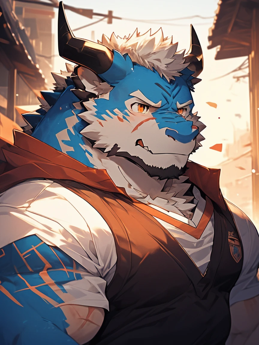 human nature, Wildlife, male,18 years old， solitary, ((Round Face,With dragon horns， The face is plump,Orange eyes,Bright scales，With scars)), ((Endomorph, Handsome，Hot Blood)), (Sportswear，Clothes Damaged), ((domestic 龙, Cologne，) fluffy fur, Fluffy hair), Bokeh, (high quality, high resolution, masterpiece), (Dynamic Lighting, Vibrant colors), (Revitalize，Injuried，Disdain), Full body picture (close up), cartoon, author：Takemoto Arashi, From zixiong, By Chunni, author：Empty Ghost，（background：Snowy cities）