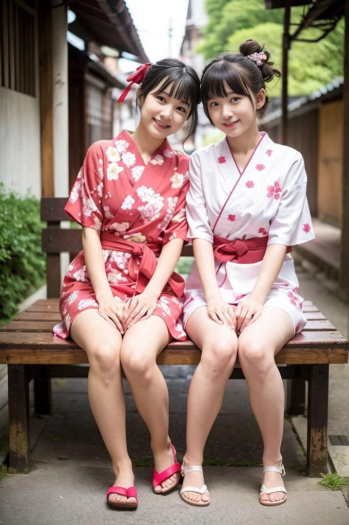 2 girls on wooden bench in old-Japanese street,floral pink yukata with red obi,18-year-old,bangs,a little smile,thighs,knees,short hair and low pigtails with red ribbon bow,from before,front light