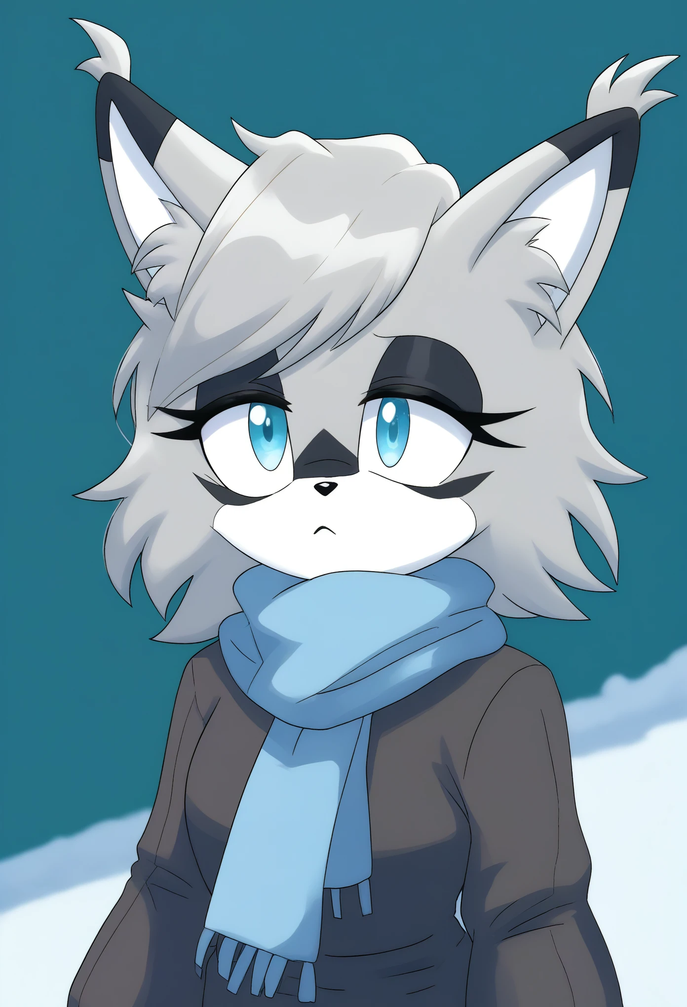 (1girl), (solo), Female Lynx, light gray fur, short hair, large hair bang, side locks, hair over shoulders, light blue eyes, (light blue scarf), brown sweater,  gloves with fluffy cuffs, eyelashes, mobian, Mobius city, half body, winter town, puzzled expression
