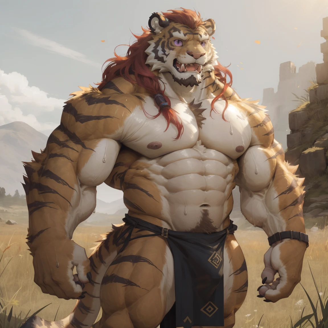 masterpiece, best quality, 8k resolution, Very detailed, hairy,tiger,((long red hair)),muscle,Strong,超大muscle,((Sweating)),(((Purple pupils))),For the audience,(((Ancient times))),portrait,(((Shirtless))),(Highest quality scene),(((crotch cloth))),(((grassland))),(((Vigilant))),(((Hip bulge))),(((Ultra clear eyes)),(((long fangs))),((Solitary)),((whole body)),(((Sunlight))),(((Standing))),((Mature)),(((Uncle))),(((Orange fur)))