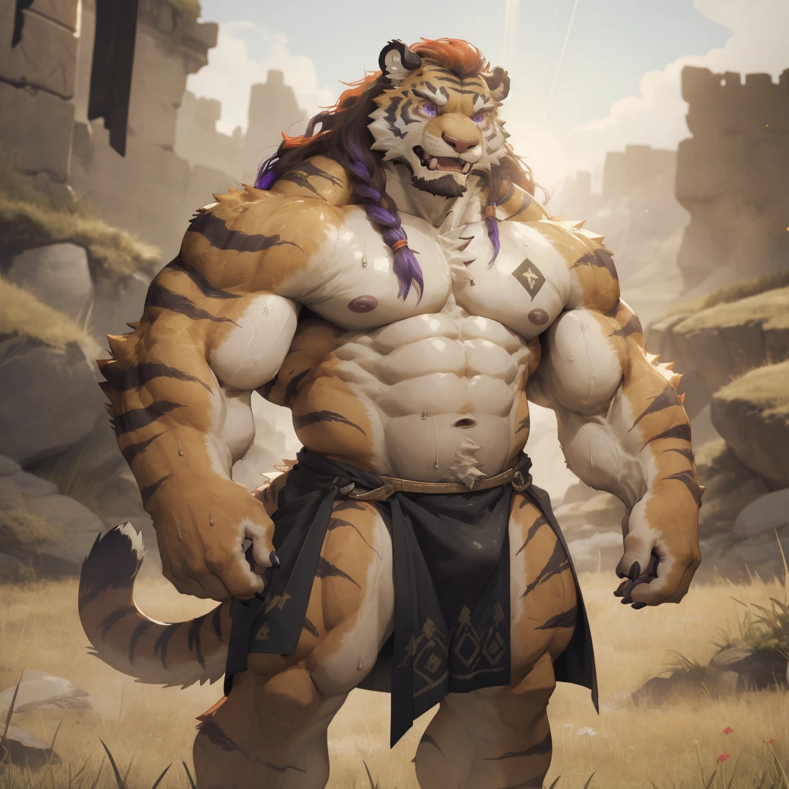 masterpiece, best quality, 8k resolution, Very detailed, hairy，tiger，((long red hair))，muscle，Strong，超大muscle，((Sweating))，(((Purple pupils)))，For the audience，(((Ancient times)))，portrait，(((Shirtless)))，(Highest quality scene)，(((crotch cloth)))，(((grassland)))，(((Vigilant)))，(((Hip bulge)))，(((Ultra clear eyes))，(((long fangs)))，((Solitary))，((whole body))，(((Sunlight)))，(((Standing)))，((Mature))，(((Uncle)))，(((Orange fur)))