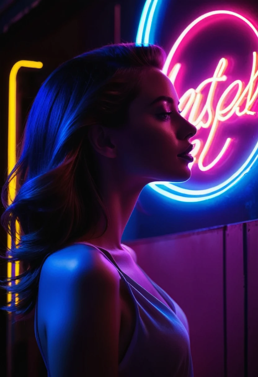 Side face silhouette，Shadow of beautiful woman under neon sign,Huge neon signboard，(Neon sign with text:1.5)
