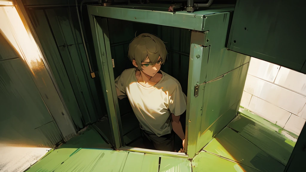 guy in solitary confinement in a bunker. short hair. green eyes. in a T-shirt.