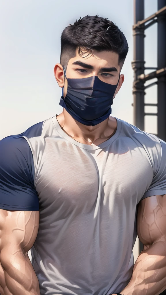 (handsome Man),(crew cut short hair:1.8),black eye,(Wear a fitted round neck t-shirt in navy with a police badge.:1.5),(fit neck),Navy blue jeans,(black_gloves:1.2), Korean guy,chest muscles,large arm muscles,blood vessel,Big muscles,Broad shoulders, (open mouth:1.2),(face up:1.2),(open eyes:1.5), middle of the road,smile,(backpack:1.3), In front of the bread shop ,(Cotton Mask:1.3