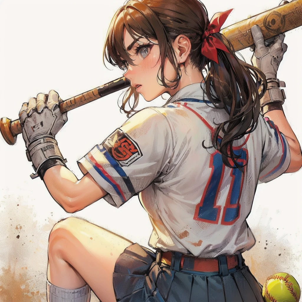 masterpiece, (textured skin), best quality, gorgeous beautiful girl, (a female softball athlete), detailed clothes,large breasts,narrow waist,, (beautiful face), cinematic lighting, (at softball venue ),