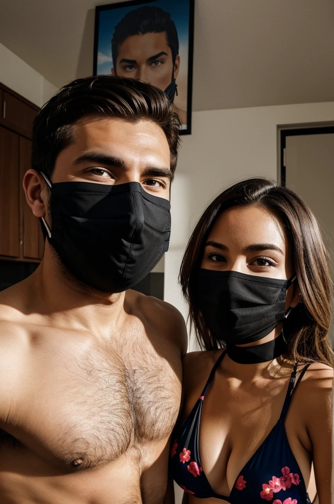 A 27-year-old man with his 25-year-old girlfriend, both in swimsuits and their faces hidden by a mask in an apartment