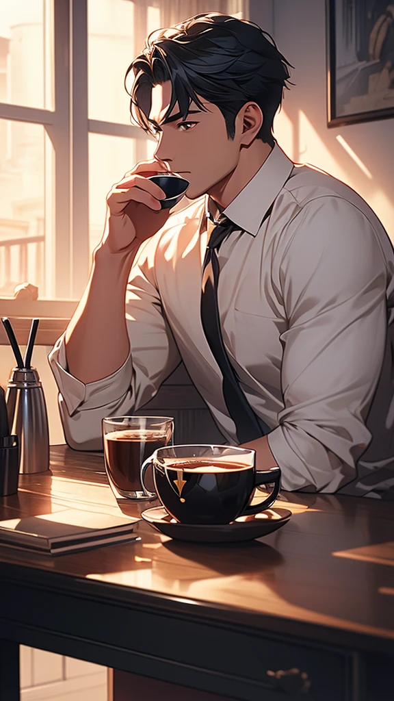 (Extremely detailed CG unified 8k wallpaper),(masterpiece), (best quality), (Super detailed), (Best illustration),(The best shadow), A man，Drink coffee，Stand by the window，black hair，It&#39;s dark indoors，The city lights outside the window are bright，silence，White T-shirt，jeans，Half-length photo，placed on the table