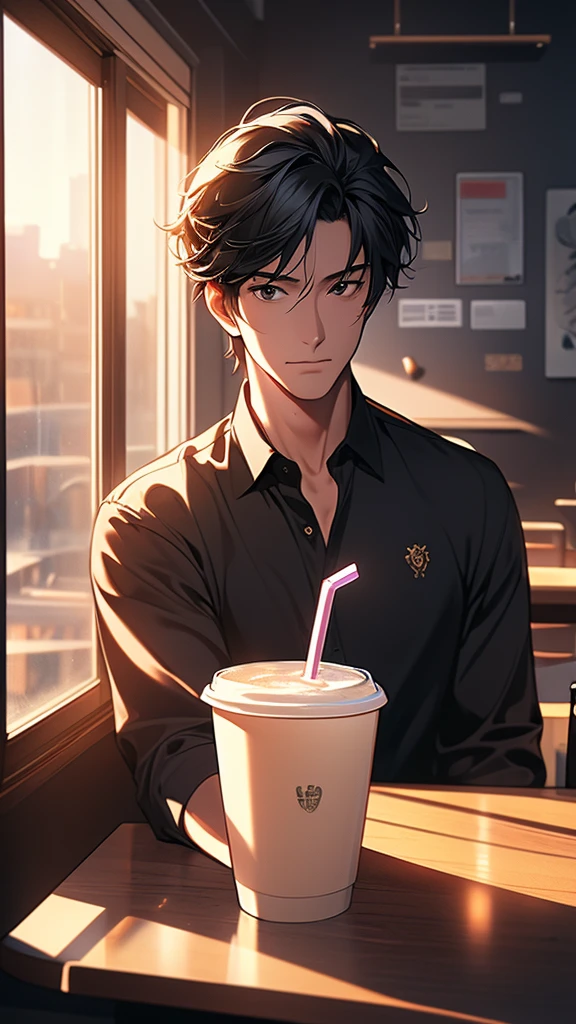 (Extremely detailed CG unified 8k wallpaper),(masterpiece), (best quality), (Super detailed), (Best illustration),(The best shadow), A man，Drink coffee，Stand by the window，black hair，It&#39;s dark indoors，The city lights outside the window are bright，silence，White T-shirt，jeans，Half-length photo，placed on the table