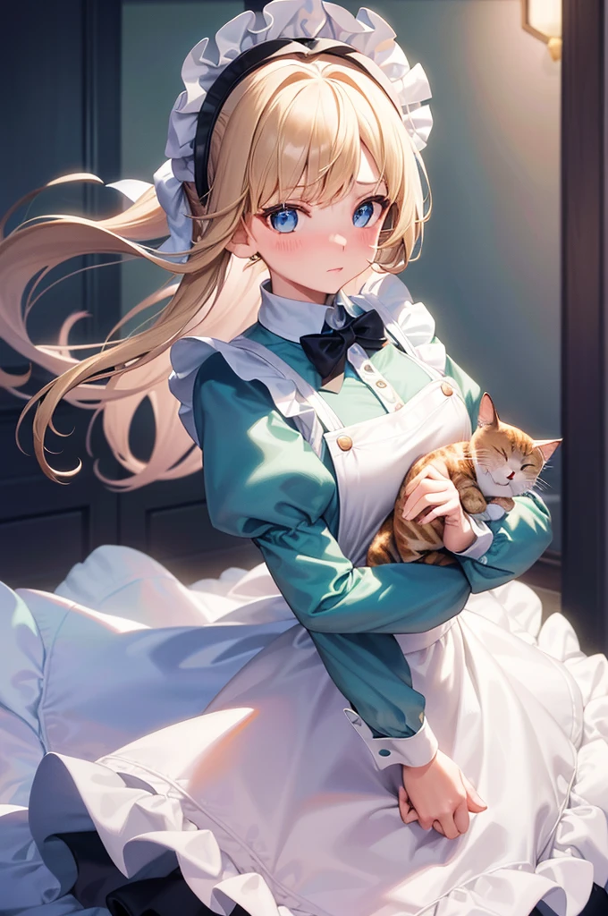 masterpiece, best quality,1girl, solo,whtie hair,medium hair,blue eyes,long sleeves,juliet sleeves,apron,maid,maid headdress,puffy sleeves,green dress,vest,buttons, white thighhighs,standing, looking at viewer, nose blush, (cat ear:1.2), (holding mop:1.2),