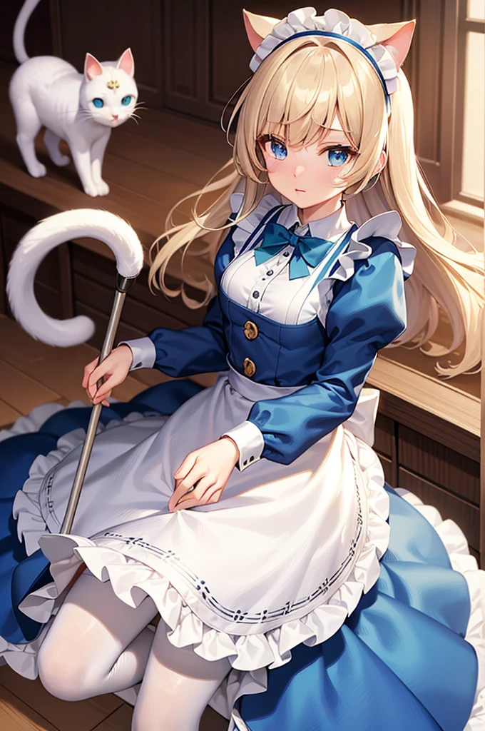 masterpiece, best quality,1girl, solo,whtie hair,medium hair,blue eyes,long sleeves,juliet sleeves,apron,maid,maid headdress,puffy sleeves,green dress,vest,buttons, white thighhighs,standing, looking at viewer, nose blush, (cat ear:1.2), (holding mop:1.2),